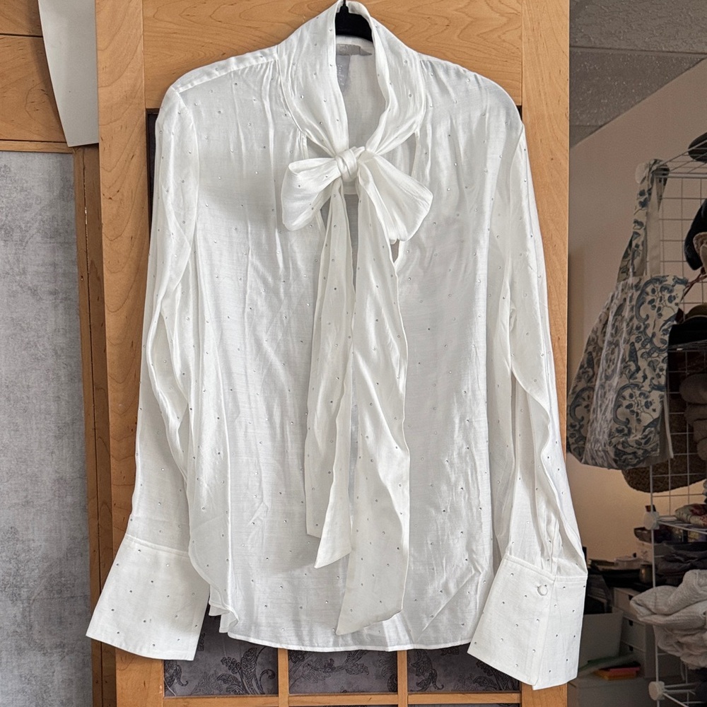 H&M White Rhinestone Embellished Dress Shirt with Bow